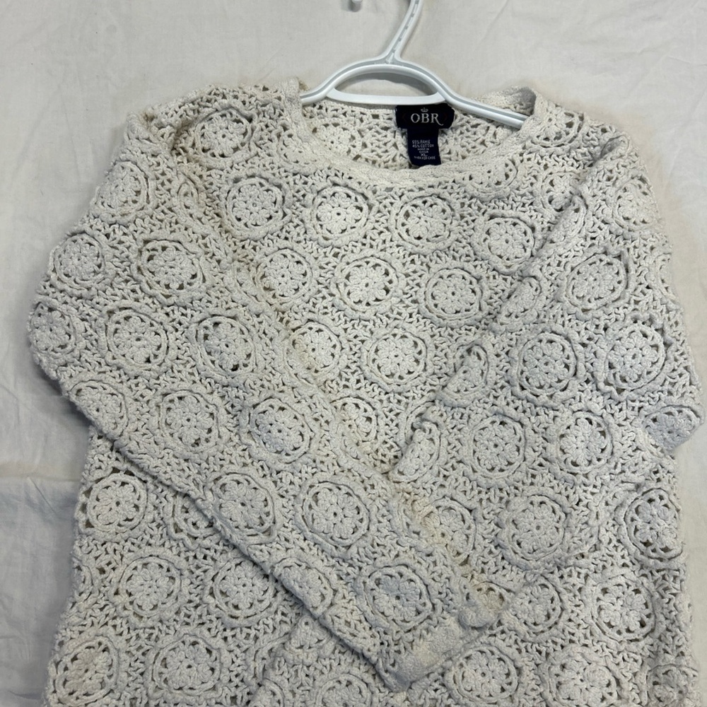 Vintage OBR Knit Eyelet Pullover Sweater Cream Cropped Sz XL